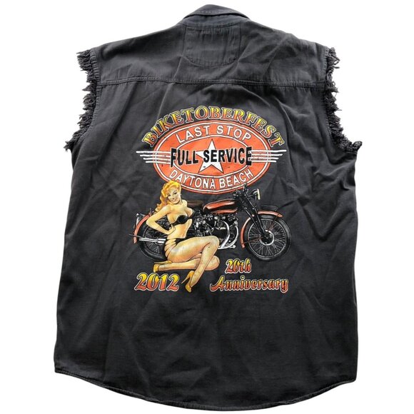 Biker Design Mens Shirt Large Graphic Prinnt Top Gray Sleeveless Button Up Y2K - Picture 2 of 9
